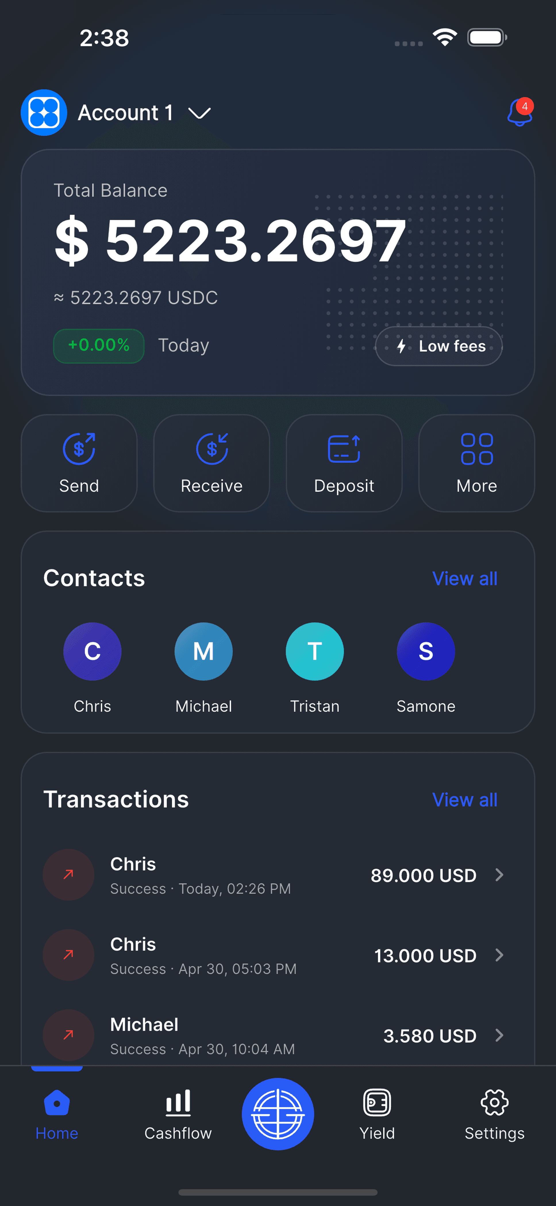 EQ9 dashboard showing balance, send, receive, deposit, contacts, and transactions