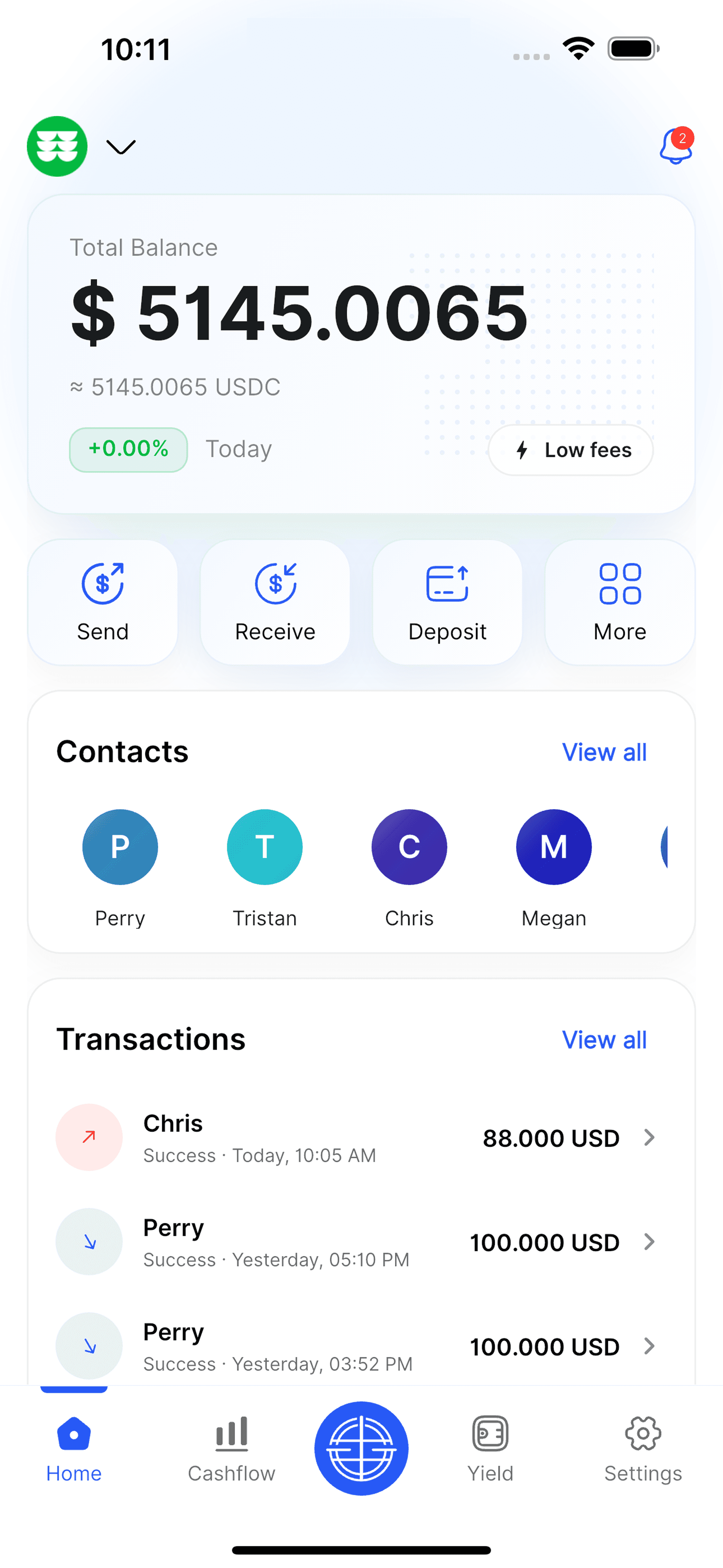 EQ9 dashboard showing balance, send, receive, deposit, contacts, and transactions